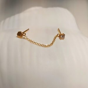 pendiente de una oreja con cadena en plata de ley chapada en oro con la concha de camino de Santiago y circonita